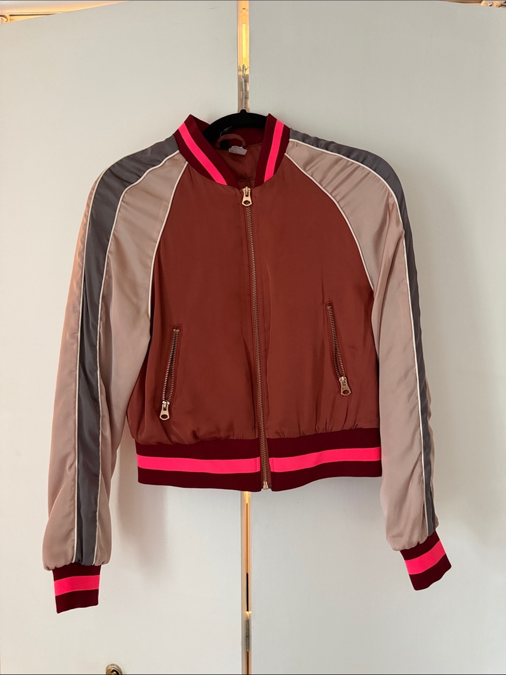 H&M Brown Colorblock Bomber Jacket with Pink Trim
